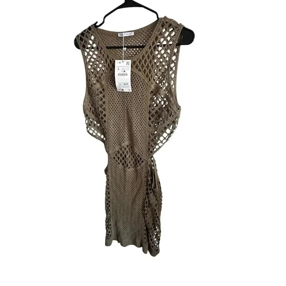 NWT Zara Mesh Green Side Cutout Crochet Mini Dress Size Large - Picture 2 of 7